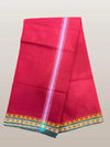 Unstitched cotton dhoti in red with long white stripe and multicolor bottom border