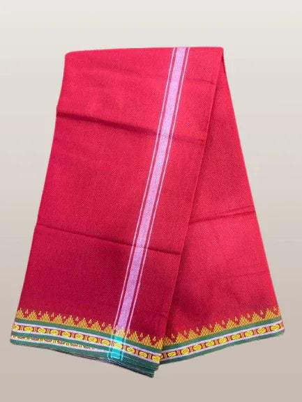 Unstitched cotton dhoti in red with long white stripe and multicolor bottom border