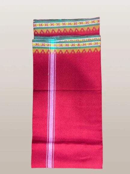 Red cotton fabric panel with silver vertical stripe and multicolor border
