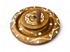 Wooden handpainted atta chakki toy top view with painted swirl and upright handle