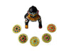 Miniature metal chakri toy with black Krishna figure and colorful round spinning tops