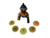 Miniature metal chakri toy with black Krishna figure and six gold-trimmed colorful spinning tops