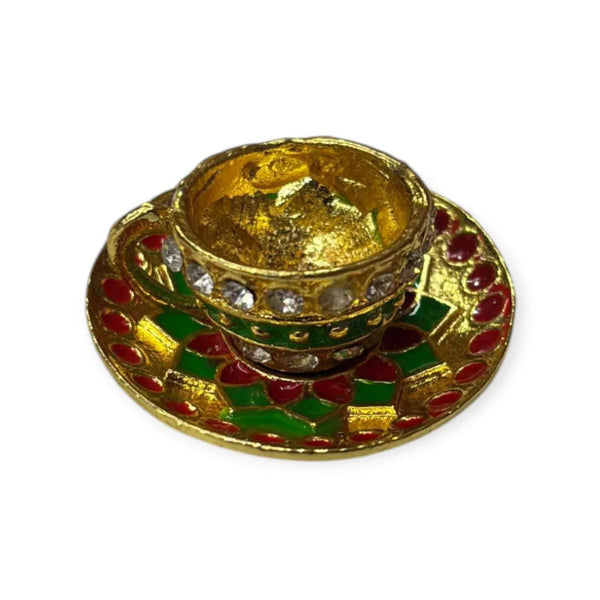 Gold miniature cup with red and green gem-pattern base plate