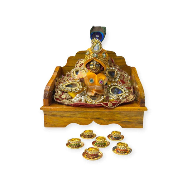 Miniature wooden idol stand with gold cup plate set and small cups