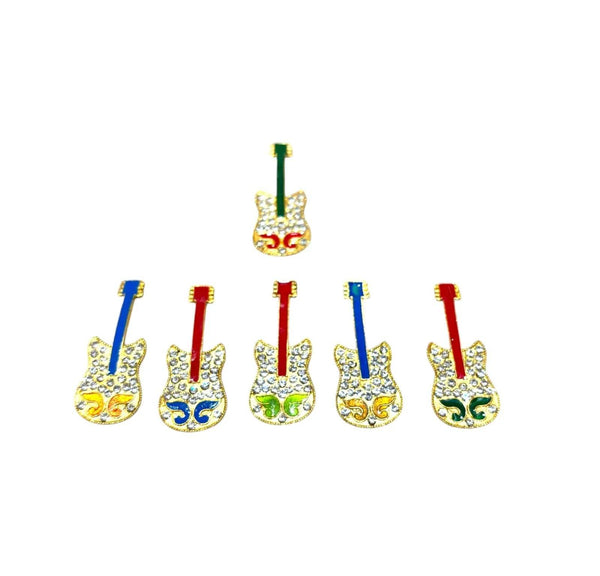 Assorted miniature guitar ornaments with blue, red, and green enamel, gold accents