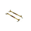 Pair of gold mini dandiya sticks with multicolor bead stripes and small bell ends