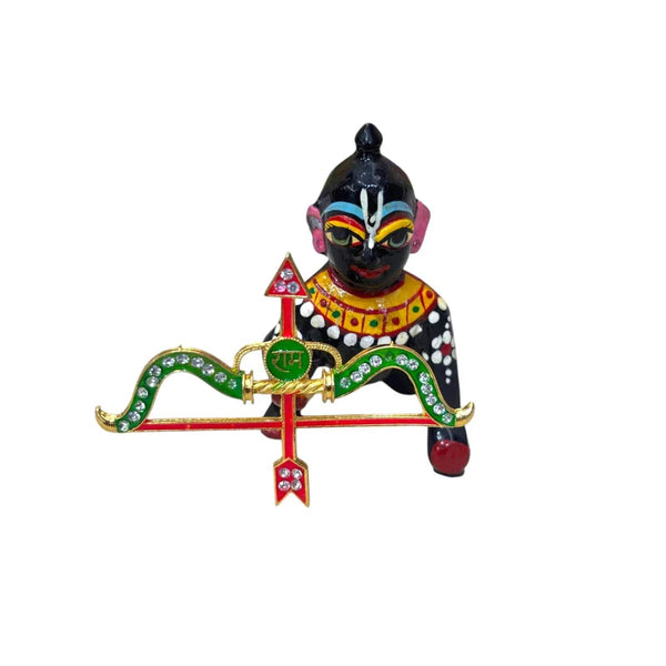 Krishna miniature holding a bow and arrow across the front, jeweled detailing