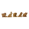 Five carved wooden animal figures on one row, including lion and bird