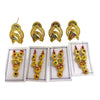 Gold-toned mukut crowns with blue stones on four white display cards