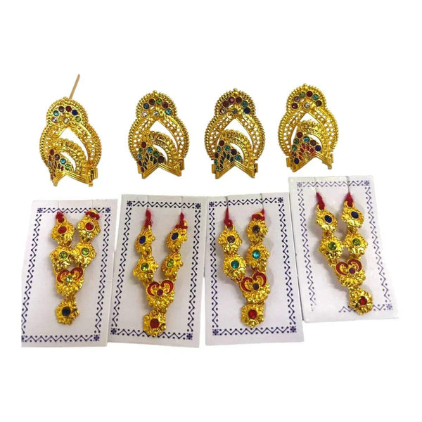 Gold-toned mukut crowns with blue stones on four white display cards