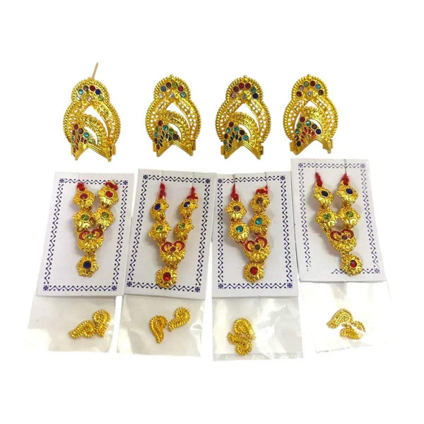 Gold-toned mukut crowns with blue stones, shown with jewelry cards and pieces