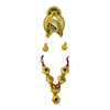Gold-toned crown and necklace set with matching earrings, blue and ruby red accents