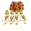 Deity ornament with colorful fan backdrop and small gold jewelry pieces on cards