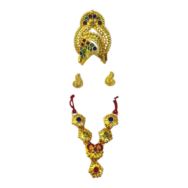 Gold-toned crown and necklace set with matching earrings, blue and ruby red accents