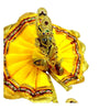 Gold-tone jeweled mukut and necklace with multicolor stones on a small deity figure