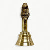 Gold brass garuda ghanti bell, close-up of flared base and detailed topper