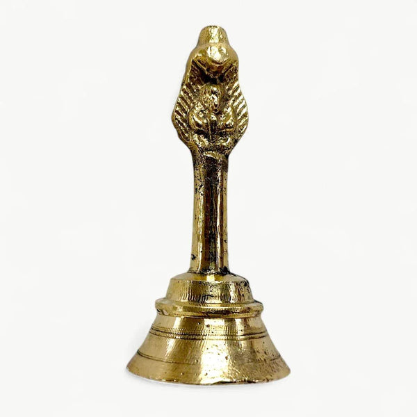 Gold-toned brass pooja bell with Garuda deity finial and round flared base