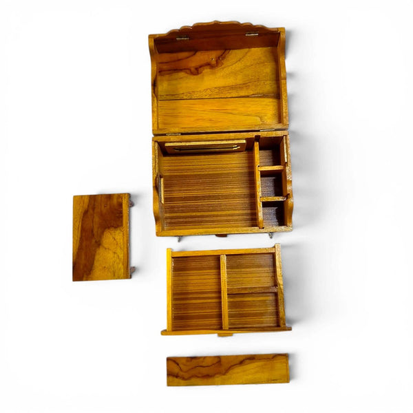 Teak wood jhapiji parts showing lid, base, and inner wooden inserts