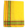 Yellow dhoti with vertical green and red stripes and patterned green hem