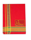 Red cotton dhoti with gray-gold vertical stripe and green patterned border, folded