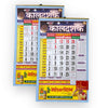 Pair of colorful printed Hindu calendar panchang sheets with yellow and red blocks