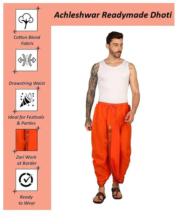 Readymade Dhoti Khadi Mix Cotton Orange/Bhagwa Colour - Achleshwar
