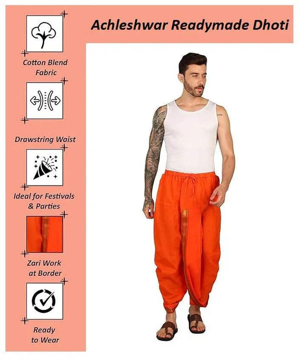 Orange dhoti-style trousers with side gold border and loose ankle-length drape