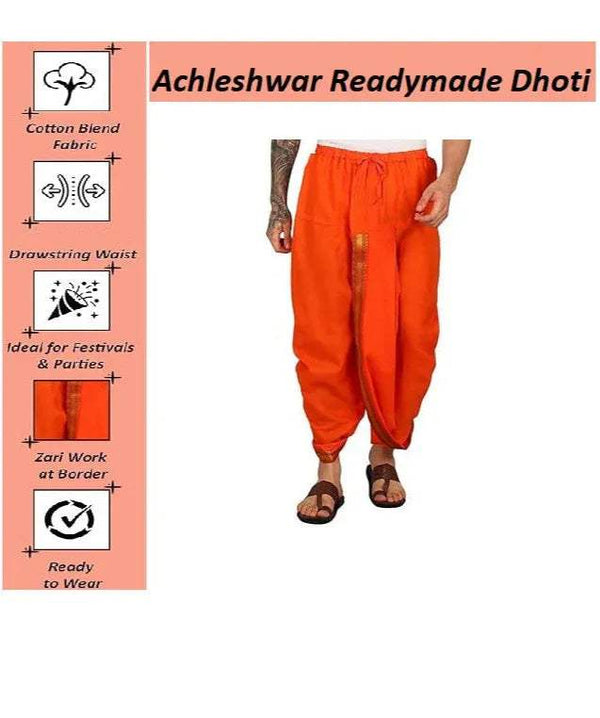 Orange cotton dhoti with drawstring waist and zari-style border detailing