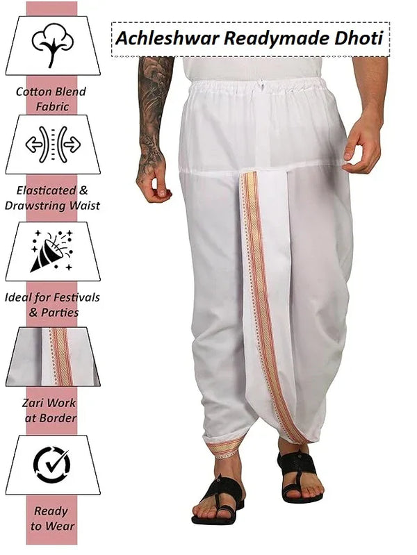 Pure Cotton Readymade Dhoti With Pocket White Colour Free size - Achleshwar