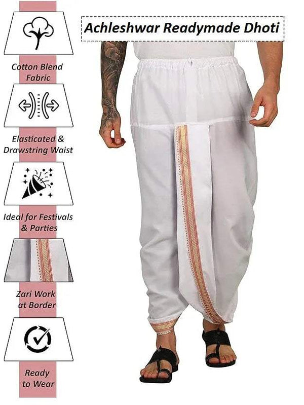 White ready-to-wear dhoti pants with elastic waistband and vertical zari stripe