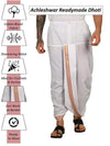 White readymade dhoti trousers with elastic waist and vertical gold zari border