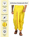 Yellow dhoti pants with drawstring waist and stitched zari border at side