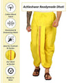 Yellow dhoti with elastic waist, drawstring tie, and striped border panel