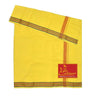 Yellow pure cotton dhoti with multicolor border and red logo patch