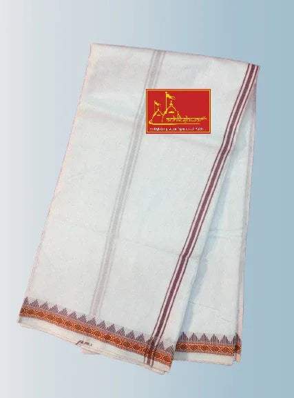 White unstiched dhoti with maroon border stripe and geometric patterned hem