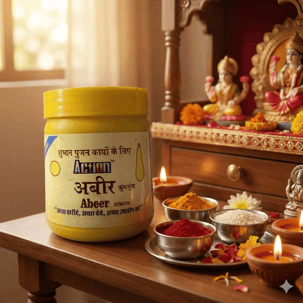 Action Abeer kumkum powder jar with yellow lid and light yellow front label