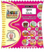 Gulal powder pouch with magenta and yellow label, barcode, and ingredient text