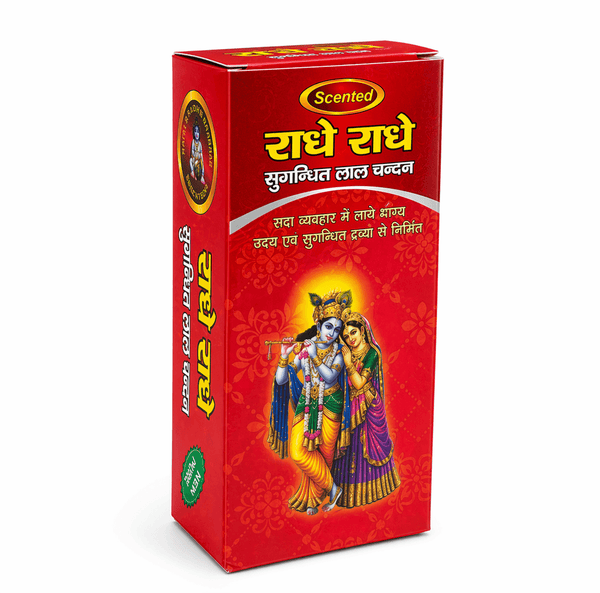 Red scented tilak box with Gopi Chandan artwork and 'Scented' label