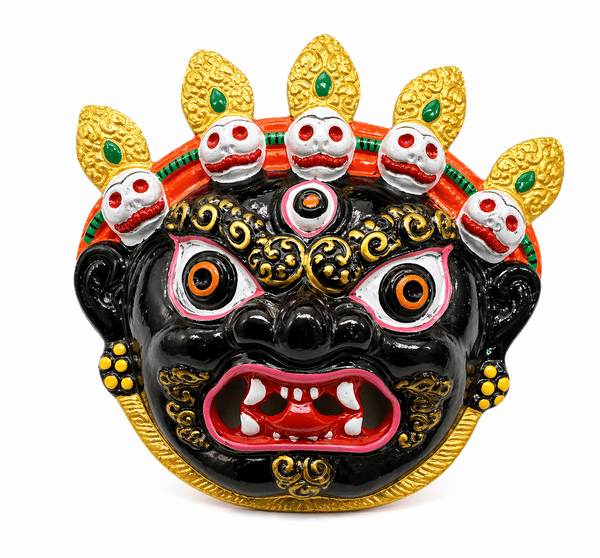 Decorative black bhoot face mask with gold ears, green eyes, and red mouth