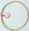 Tan bead mala necklace featuring a red ribbon with circular label