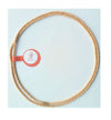 Tan small-bead mala necklace with red circular tag and ribbon