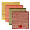 Set of wool pooja asan mats: yellow, red, green, and maroon striped with logo patch