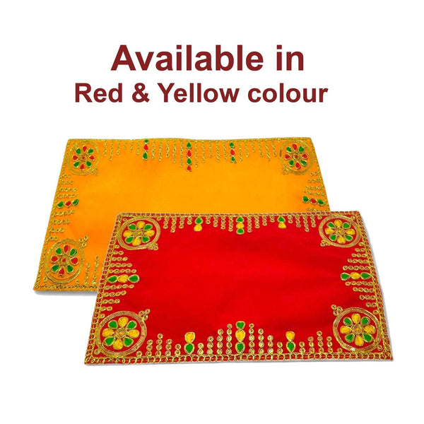 Red and yellow embroidered velvet pooja aasan cloths with golden borders