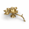 Brass panch aarti diya with five cups and long handle, angled view