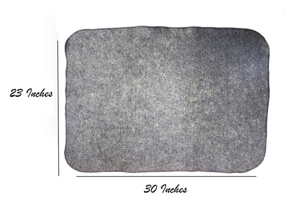 Rectangular grey woolen puja asan mat with dark stitched trim