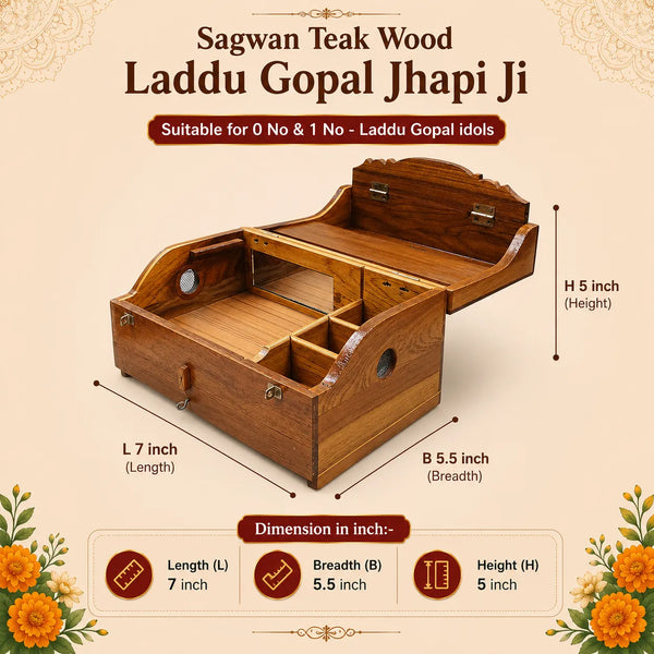Sagwan Wooden Jhapi Ji for Laddu Gopal | Premium Teak Wood Storage Box for Bal Gopal Idol, Safe Keeping, Temple & Travel Use | Achleshwar