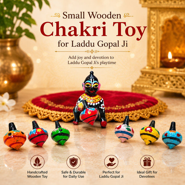 Small wooden chakri spinning top decor set with painted mini tops and Krishna figure