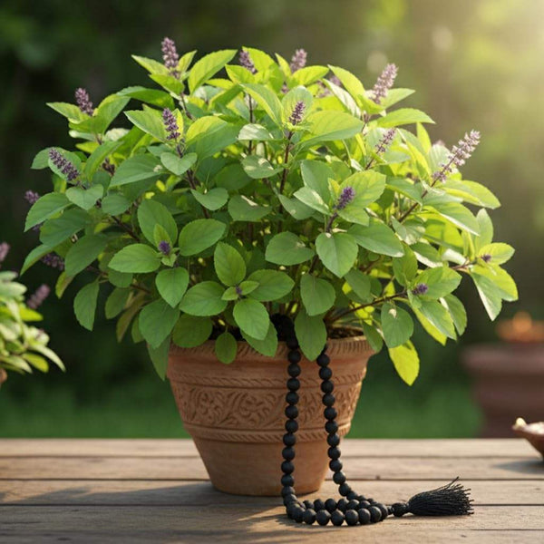 Black tulsi bead mala resting beside potted tulsi plant, dark tassel visible