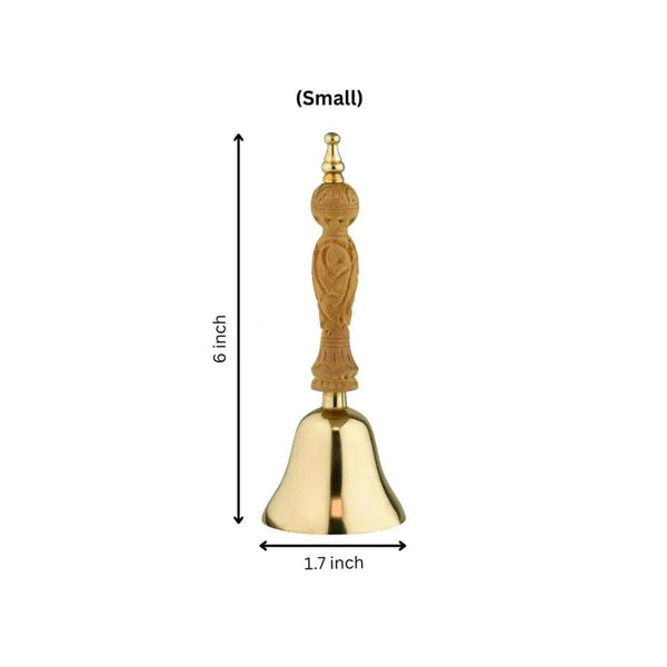 Small bronze pooja bell with ornate carved handle and wooden-style grip