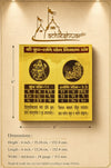 Yantra poster with measurement diagram, two circular deity seals, and black symbol grid.